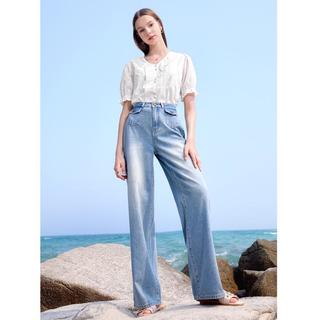 百图 【V领刺绣衬衫】夏款法式刺绣棉质蕾丝V领灯笼短袖衬衫女
