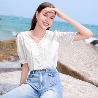 百图 【V领刺绣衬衫】夏款法式刺绣棉质蕾丝V领灯笼短袖衬衫女