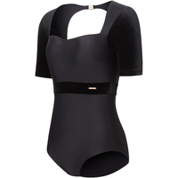 speedo速比涛小黑裙短袖游泳衣女遮肚保守女士温泉沙滩度假连体泳衣 黑色