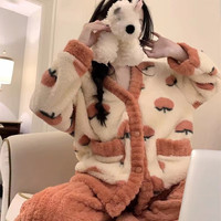 BONAS 宝娜斯 秋冬季加厚加绒保暖可爱毛绒宽松家居服 乌龙桃-套装 L