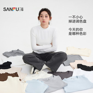 三福长袖上衣女2025秋季圆领内搭打底衫简约修身白色t恤女装 白色-V领加厚 S