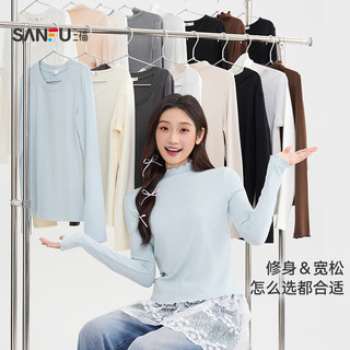 三福长袖上衣女2025秋季圆领内搭打底衫简约修身白色t恤女装 白色-V领加厚 S
