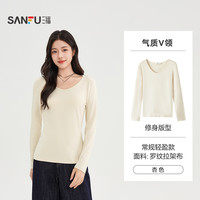 三福长袖上衣女2025秋季圆领内搭打底衫简约修身白色t恤女装 杏色-V领 M