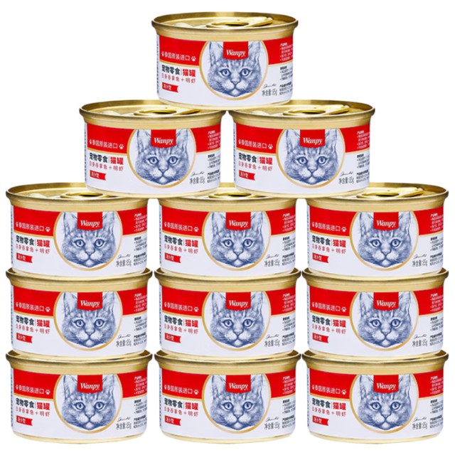Wanpy 顽皮 泰国进口 猫罐头85g*12白身吞拿鱼+明虾罐头(汤汁型) 成猫湿粮