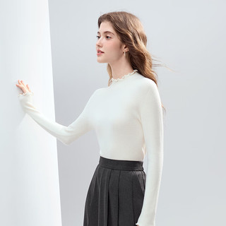 百图（betu）女装2025年冬季新款毛衣木耳边简约显瘦长袖打底衫上衣女2510X01 米白
