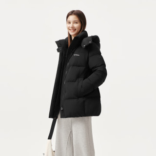 坦博尔2025冬季休闲时尚立领羽绒服女款中长款脱卸帽保暖面包服外套 黑色 M