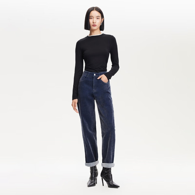VERO MODA 牛仔裤秋季新款高腰九分裤薄绒松紧直筒裤3349049 灰牛仔蓝色 常规
