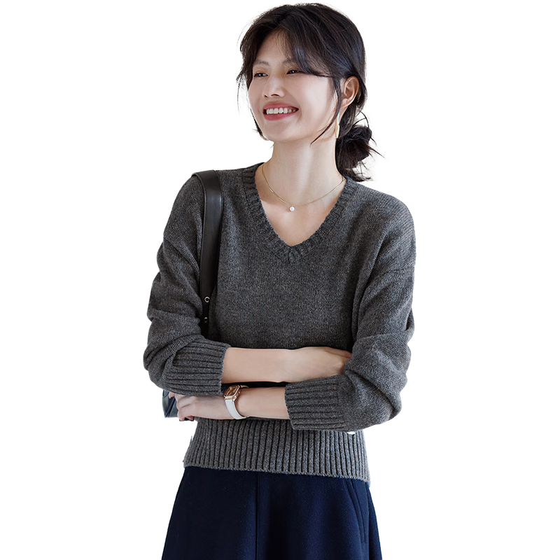 她享慵懒风针织衫女格雷系灰色v领毛衣针织上衣打底衫女T53Z093