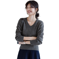 她享慵懒风针织衫女格雷系灰色v领毛衣针织上衣打底衫女T53Z093