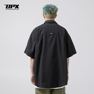dpx潮牌美式机能工装短袖衬衫男街头宽松休闲翻领大码半袖衬衣 黑色 2XL