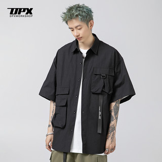 dpx潮牌美式机能工装短袖衬衫男街头宽松休闲翻领大码半袖衬衣 黑色 2XL