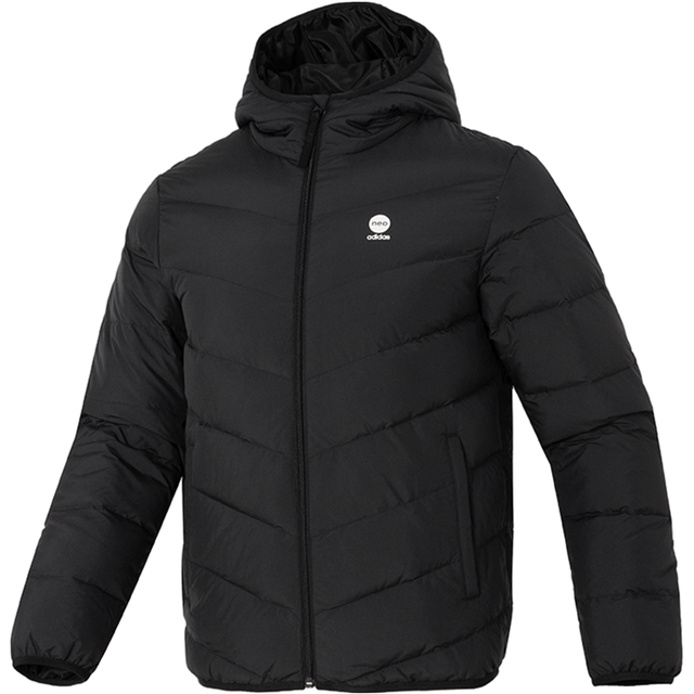 adidas NEO 拼色简约防风男女同款连帽鸭绒羽绒服冬装装中性短款羽绒服