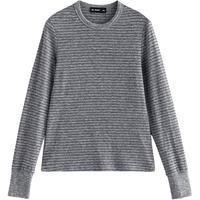 初语长袖T恤女2025冬季条纹圆领仿羊绒打底衫复古百搭上衣 黑灰条 L