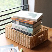 ken's欧式桌面收纳盒仿藤洗手台储物筐茶几遥控器玄关钥匙收纳篮 浅咖色40*29*13cm