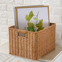 ken's欧式桌面收纳盒仿藤洗手台储物筐茶几遥控器玄关钥匙收纳篮 浅咖色32x26.5x20cm单抽手