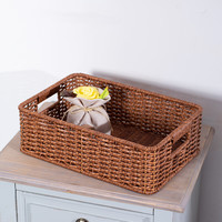 ken's欧式桌面收纳盒仿藤洗手台储物筐茶几遥控器玄关钥匙收纳篮 胡桃木色40*29*13cm