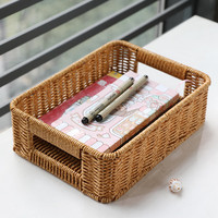 ken's欧式桌面收纳盒仿藤洗手台储物筐茶几遥控器玄关钥匙收纳篮 浅咖色26*19*8cm