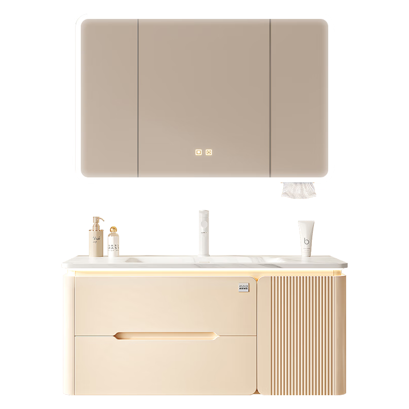 顾家家居浴室柜奶油风岩板热弯盆卫生间洗脸洗手池盆柜组合洗漱台6895 70-120cm（岩板热弯盆）