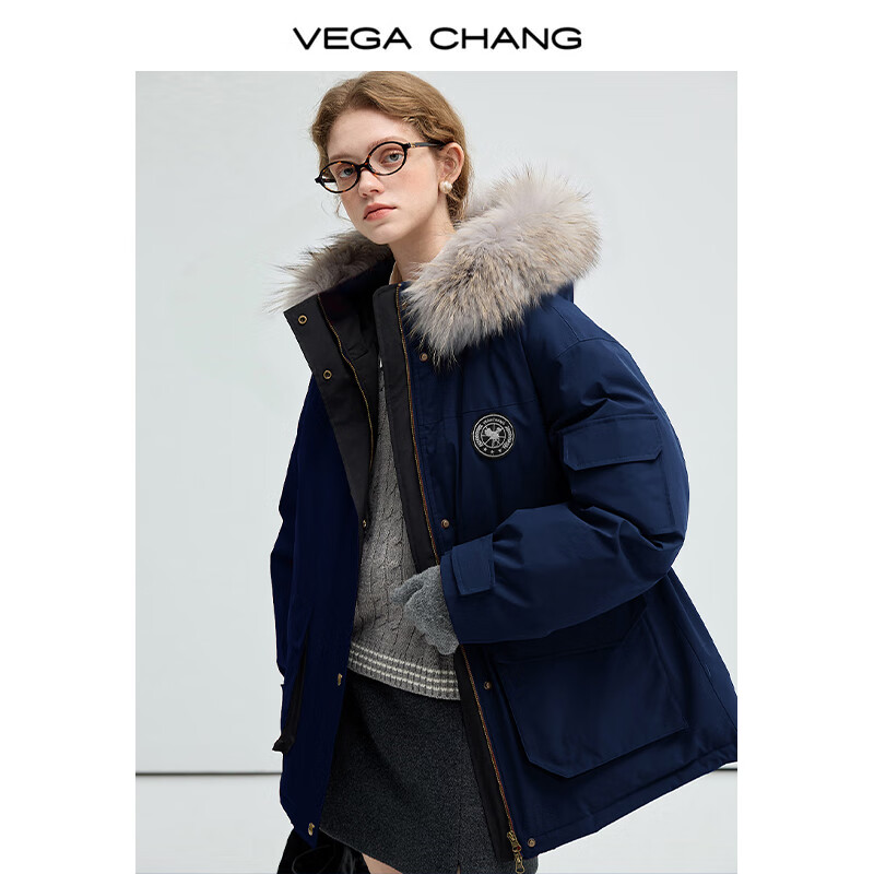 VEGA CHANG秋冬通勤风【安心绒3.0版】三防羽绒服女冬貉子毛工装派克服外套 深藏蓝(