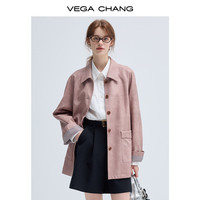 VEGA CHANG皮衣女款2025年春秋美式复古中长款PU皮外套 橡皮粉 L