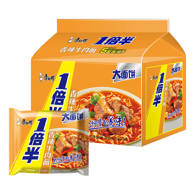 88VIP：康师傅 1倍半大面饼 方便面5连包香辣牛肉五连包