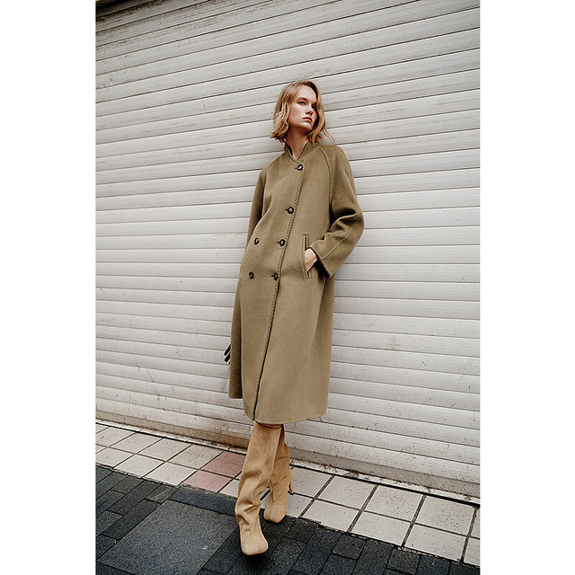 H'S 100%绵羊毛纯色立领双排扣双面毛呢大衣