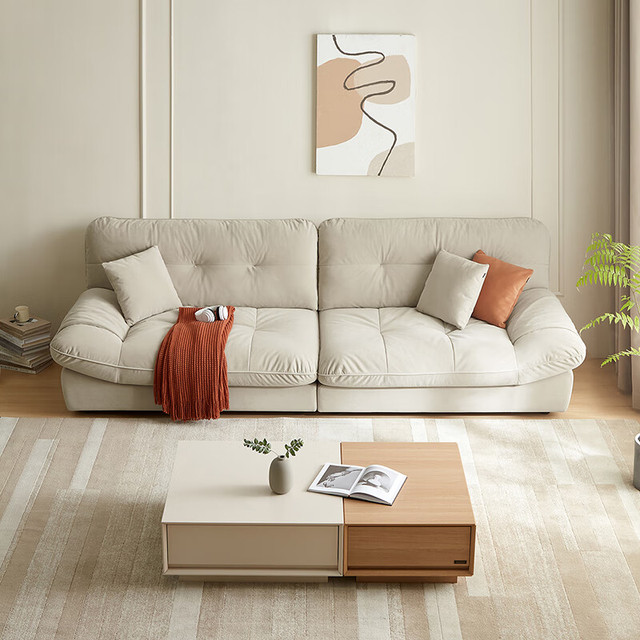 全友 四人位布艺沙发 标准版暖灰绒布 2.46m直排