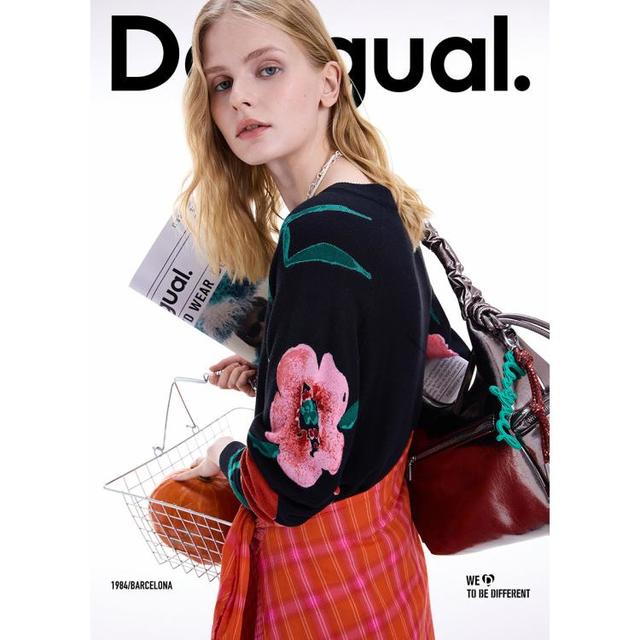 Desigual 西班牙时尚奢品 女式针织衫 秋冬宽松印花拼接圆领长袖