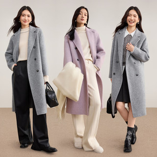 尚都比拉英伦风厚保暖双面呢大衣女冬季长款翻驳领宽松落肩外套双排扣大衣