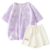 班尼路S&K系列扎染宽松短袖T恤搭配华夫格三分裤运动套装两件套夏 水绿纯色+杏纯色 L