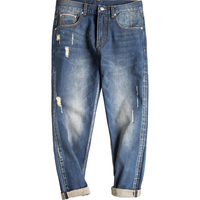 马登 MADEN工装 复古水洗赤耳牛仔裤破洞修身直筒牛仔裤做旧九分裤子男潮 蓝色 36