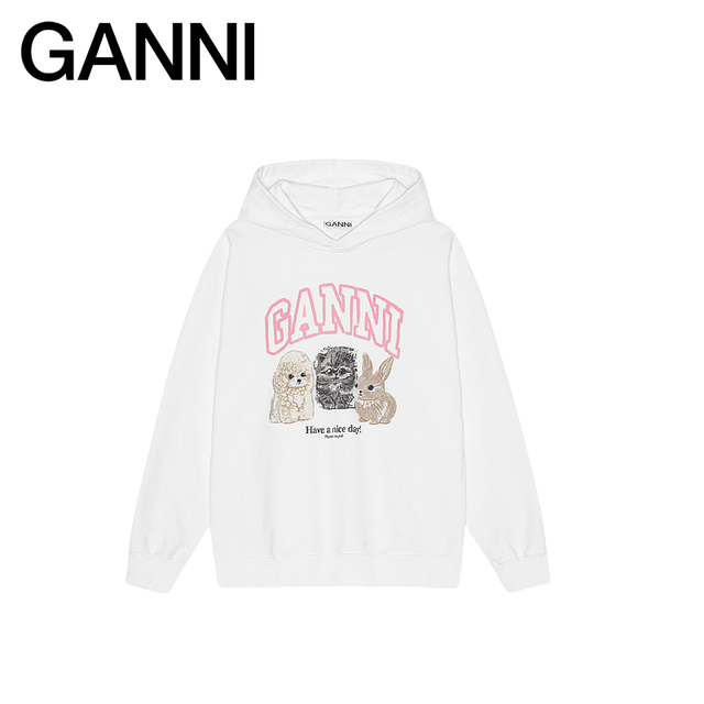 移动端、88VIP：GANNI 女装 白色趣味小动物印花宽松连帽卫衣T4377151