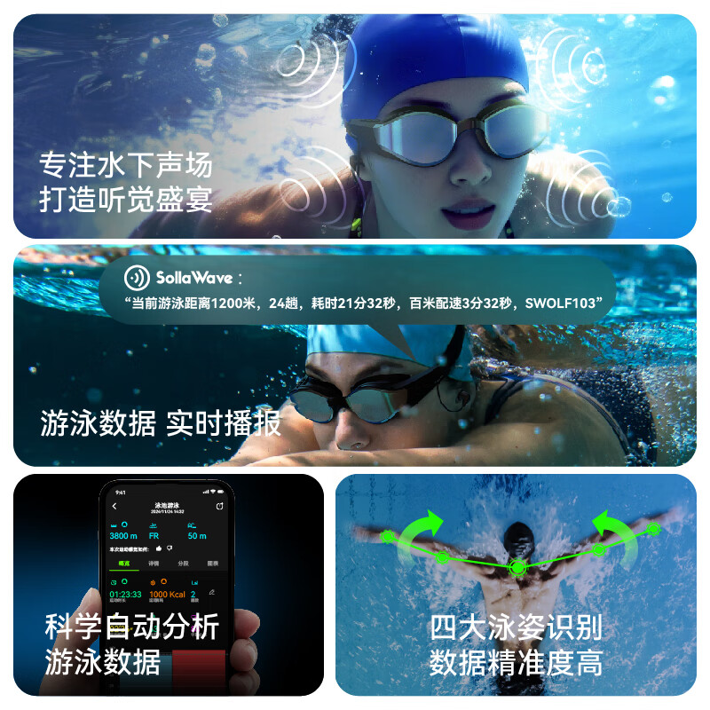 光粒SollaWave AI智能音频泳镜防雾近视音乐泳镜专业男女游泳眼镜 幻影黑【抢先版】 平光