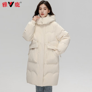 雅鹿 加厚连帽羽绒服 中长款 米白色