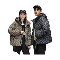 雅鹿反季时尚短款连帽羽绒服男女装同款秋冬季棋盘格百搭加厚保暖外套 灰色 XL