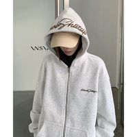 404MOB复古美式秋冬花体字母刺绣连帽开衫卫衣男休闲潮流加绒外套