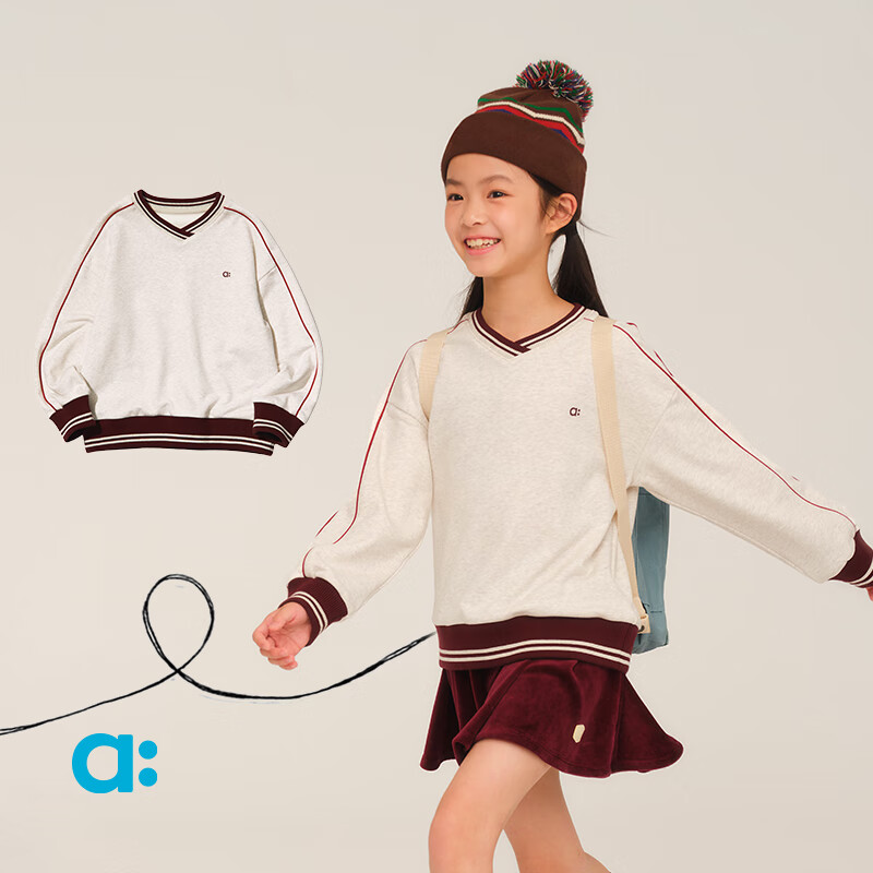 幼岚（ALLBLU）allblu幼岚【柔软毛圈V领卫衣】女童卫衣25秋新款蓬松柔软挺括 燕麦色 1