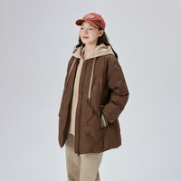 艾莱依(ERAL)冬季新款假两件羽绒服女连帽宽松时尚保暖棒球服外套 蜜茶棕 L 165【建议130-145斤】