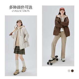 艾莱依（ERAL）冬季假两件羽绒服女连帽宽松时尚保暖棒球服外套 蜜茶棕 L 165【130-145斤】