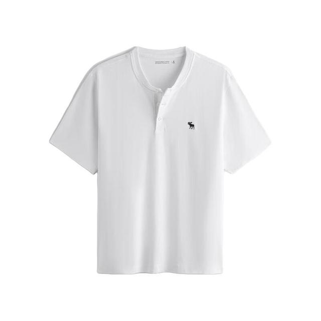Abercrombie & Fitch 经典小麋鹿图案男装25夏季美式重磅宽松亨利领短袖T恤 白色