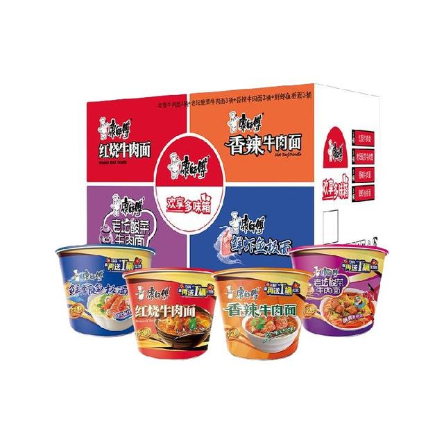 88VIP：康师傅 经典桶红烧 香辣 鱼板 酸菜 混合4口味 12桶装