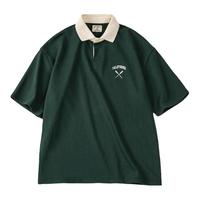 马登 MADEN工装 美式复古运动POLO衫墨绿色短袖重磅翻领半袖宽松T恤男款