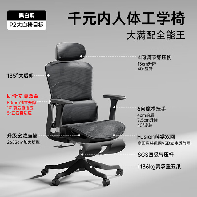 今日必买：黑白调 P2Pro+人体工学椅电脑椅 耀黑 3D腰托+扶手
