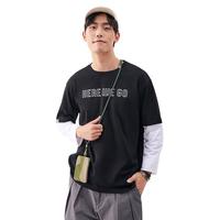 金利来 g+春季假两件长袖T恤春季潮流个性撞色刺绣标语叠穿男女同款上衣 99-黑色 L