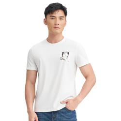 才子 国潮山水画印花男T恤夏季短袖轻薄透气弹力男上衣简约时尚年轻 白色 XL 50