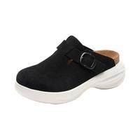 Devo的的沃 Devo Life软木包头鞋女士勃肯鞋夏季透气外穿半包拖鞋可爱厚底洞洞鞋 黑色反绒皮 34 （拍小一码）