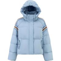 初语羽绒服女2025冬季立领连帽撞色针织拼接90白鸭绒保暖外套 水蓝色 S
