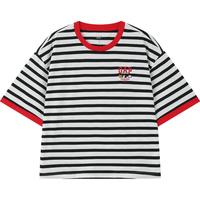 Gap 盖璞 女士亲肤logo撞色条纹短袖T恤宽松百搭上衣 496364 黑白条纹 S