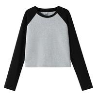 班尼路长袖T恤女2024撞色设计感复古格雷系风穿搭女士上衣女