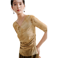 茵曼（INMAN）新中式印花T恤2024夏季女装腰侧捏褶V领上衣 黄花色 S